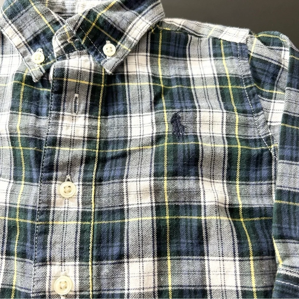 POLO Ralph Lauren Blue, Green and Yellow Plaid Romper. Boys Size 12 Months.